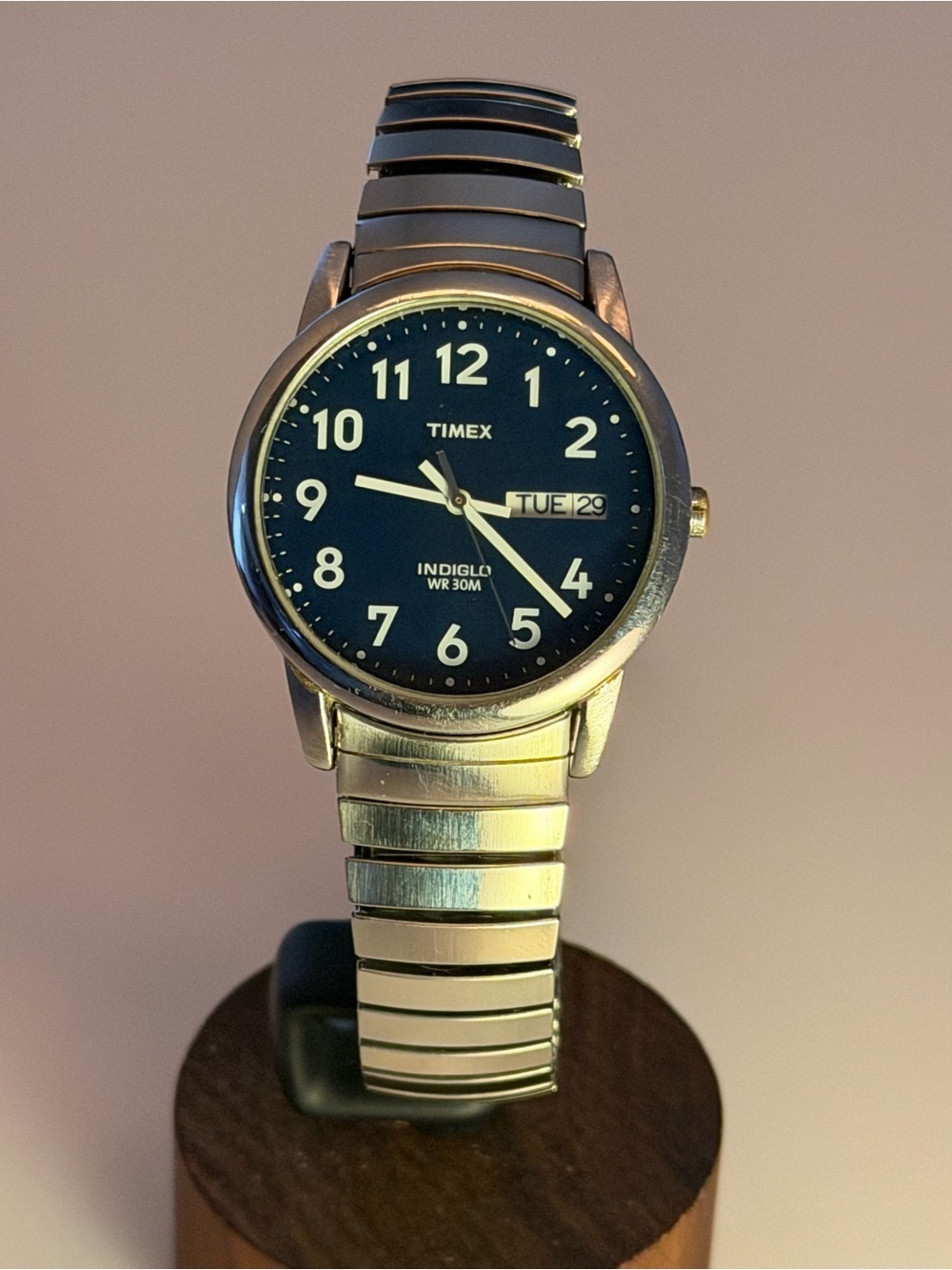Timex Indiglo Blue Dial Day/Date Watch with Silver Expansion Band - New Battery